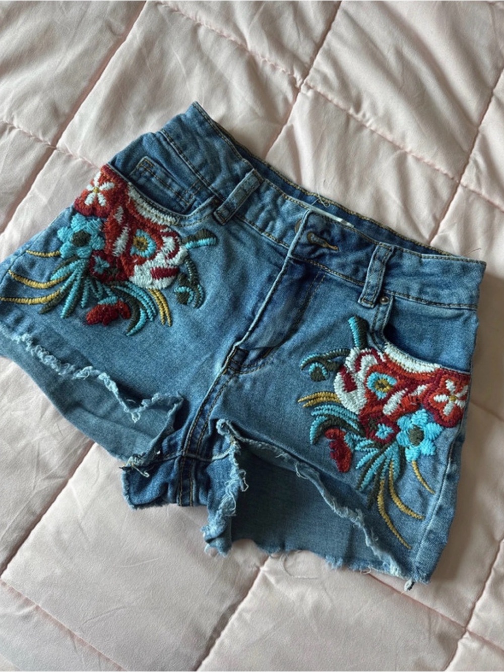 Streetwear Society Blue Denim Shorts with Red & Turquoise Embroidery
